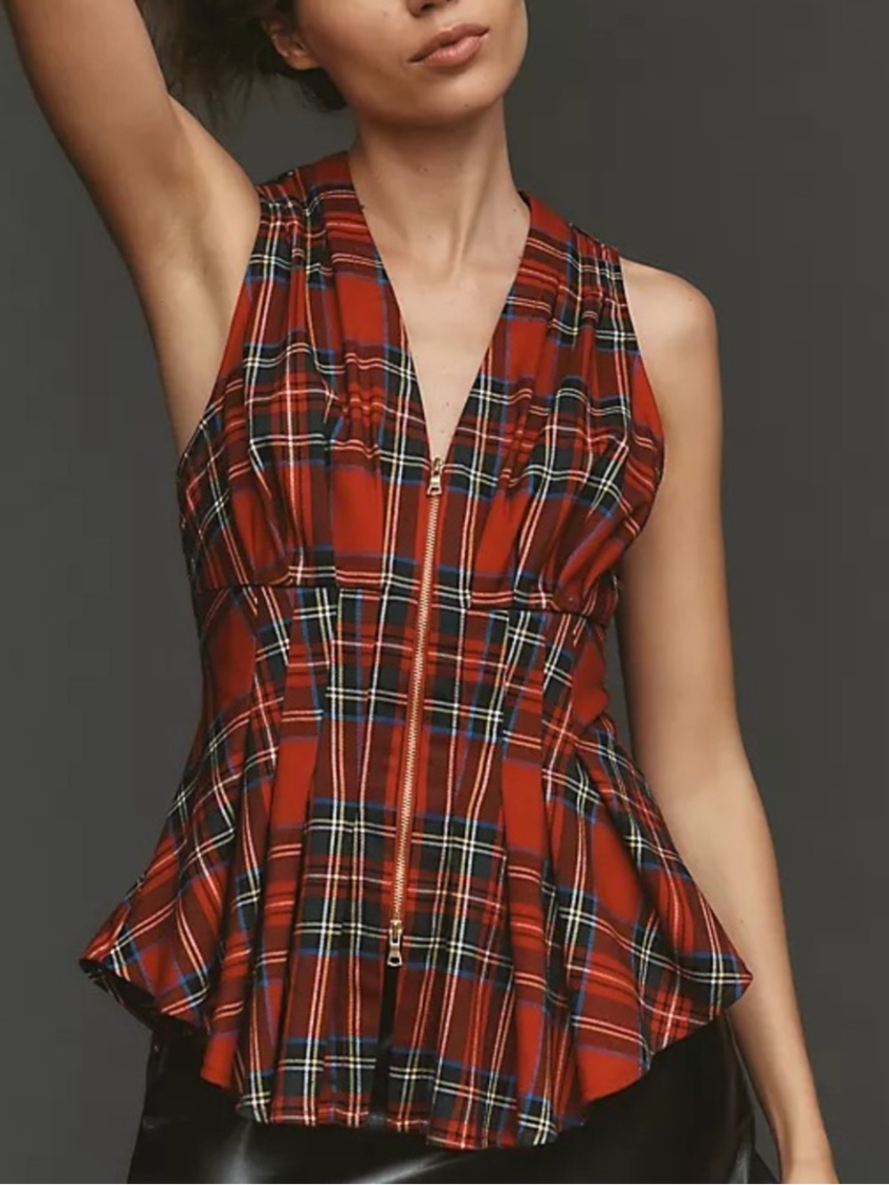 Maeve Viki Waisted Zip-Front Sleeveless Top from Anthropologie Tartan Plaid